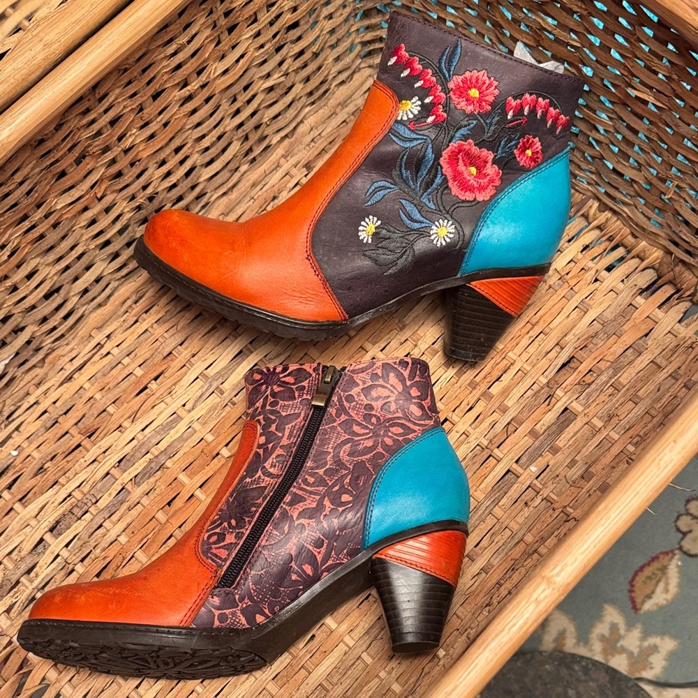 Floral Embroidered Ankle Boots in Orange and Blue